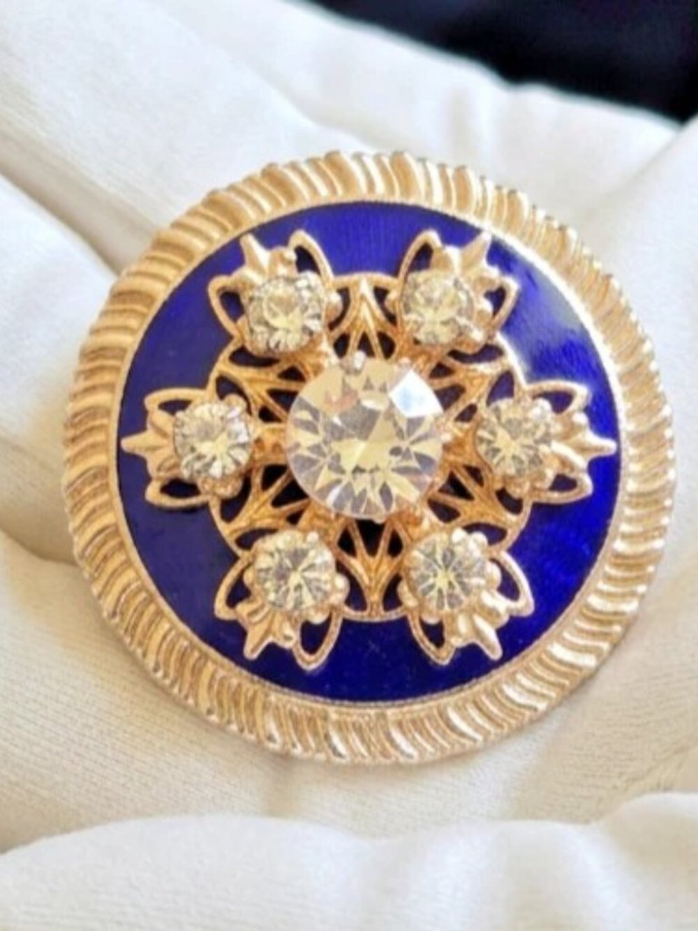 Gorgeous Vintage Estate Guilloché Enamel Brooch Cobalt Blue Clear Rhinestone 🤩